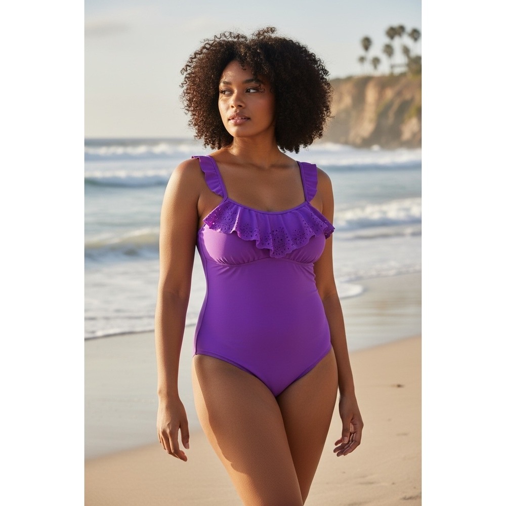 Ava & Viv One-piece Swimsuit Laser-cut Ruffled Neckline Beach Summer Sz 22W